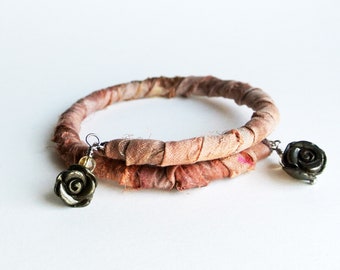 Bohemian sari silk wrapped bracelet, Dusky peach gypsy bangle, Pyrite roses and citrine gemstone bracelet