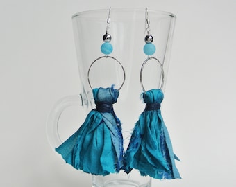 Bohemian sari silk earrings, Teal colour gypsy tassel earrings, Blue crackled agate and hematite sterling silver long style earrings