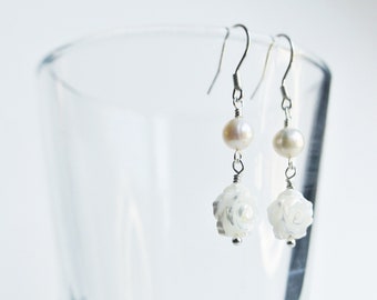 Carved shell roses and pearl earrings, handmade sterling silver earrings, made in Devon