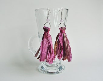 Bohemian sari silk earrings, Dusky Pink colour gypsy tassels, Stainless steel long style Jewellery