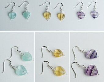 Set of 3 Fluorite heart silver earrings, Green yellow and purple fluorite jewellery, Sterling silver and gemstone set of earrings, UK