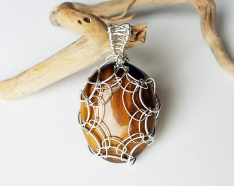 Sterling silver wire wrapped tiger eye pendant, tigereye gemstone pendant , UK