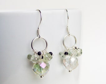 Cascading green amethyst and spinel earrings, gemstone sterling silver earrings, handmade in Devon