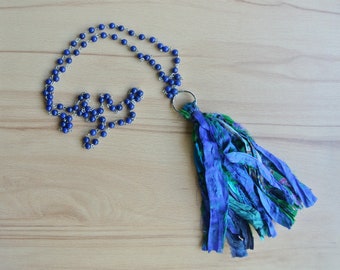 Bohemian sari silk necklace, rich blue and sea green colour gypsy tassel, beaded long style Jewellery