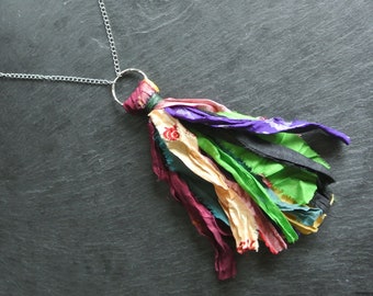 Bohemian sari silk necklace, Multi colour gypsy tassel, Stainless steel long style Jewellery