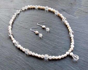 Pear and quartz jewellery set, genuine pearl and gemstone necklace and earrings, special occasion jewellery, June birthstone