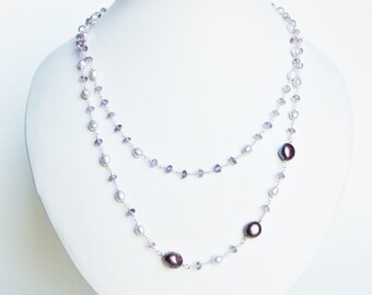 Double layer deep purple pearl and amethyst set, Layered necklace, Necklace and earrings, sterling silver