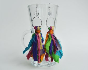 Bohemian sari silk earrings, Multi colour gypsy tassel earrings, Quartz gemstone sterling silver long style earrings