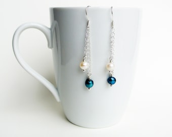 Teal and white pearl with sterling silver chain earrings, genuine pearl earrings, made in the UK