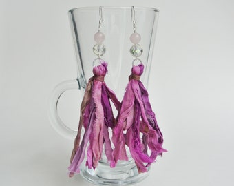 Bohemian pink sari silk earrings, Pink gypsy tassel earrings, Rose quartz and clear quartz gemstones, Sterling silver long style earrings