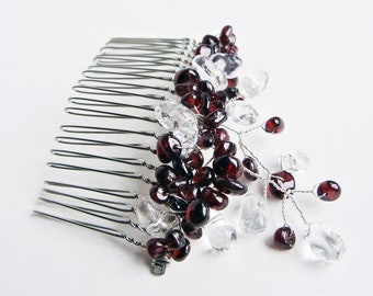 Garnet and quartz hair comb, gemstone and silver coloured hair accessory, rich red and clear decorative hair comb