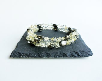 Lemon quartz and pyrite bracelet, memory wire boho bracelet for women, made in the UK
