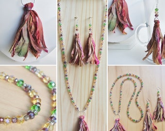 Bohemian sari silk necklace and earrings, Peach, dusky pink and green colour gypsy tassels, sterling silver long style Jewellery set