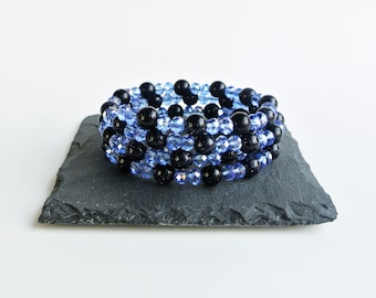 Blue Crystal and blue goldstone bracelet, memory wire boho bracelet for women, made in the UK