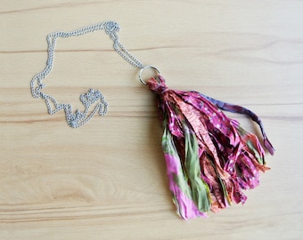 Bohemian sari silk necklace, deep pink green and orange colour gypsy tassel, Stainless steel long style Jewellery