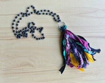 Bohemian sari silk necklace, deep pink deep purple green and yellow colour gypsy tassel, beaded long style Jewellery