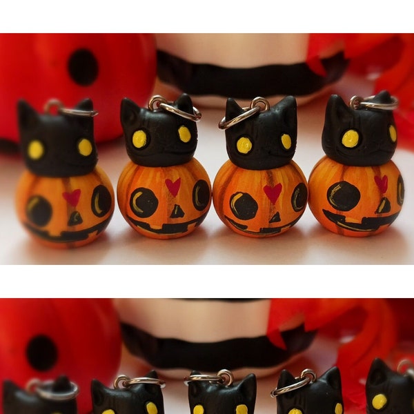 Collier pendentif à breloques chat dans une citrouille-pendentif citrouille-pendentif jack o lanterne-pendentif chat noir-art fantasmagorique d'Halloween à porter-peint à la main