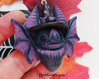 Witch Black Bat pendant necklace-polymer clay jewelry-goth jewelry-kawaii cute bat pendant-Witch hat pendant-halloween necklace-bat necklace