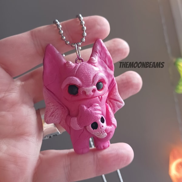 Hand painted Pink Gargoyle pendant necklace-gothic polymer clay medieval art jewelry-spooky jewelry gargoyle charms-Valentines day gift idea