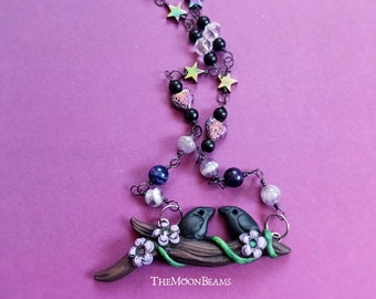 Crow beaded necklace pendant-crows on a purple cherry tree-couple of crows gemstones beaded jewelry-goth necklace-witchy jewelry-bird lover