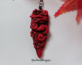 Hand painted Red Dragon pendant necklace-hand sculpted polymer clay jewelry-dragon lovers art-year of the dragon jewelry-tattoo jewelry