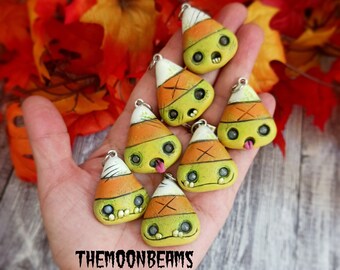 Zombie Candy Corn pendants-Hand  sculpted and hand painted charm with gemstones eyes-labradorite-Moonstone-candy corn charm-halloween-zombie