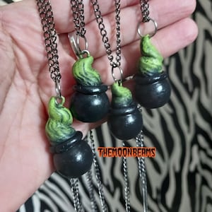 Witches Brew cauldron pendant necklace-hand painted polymer clay spooky jewelry-gothic jewelry-witch jewelry hand painted Halloween charm