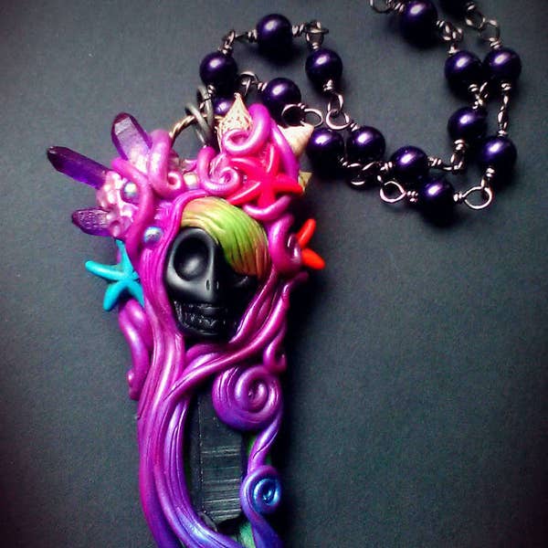 Skull Mermaid with Smokey Quartz-Hand sculpted pendant-Handmade necklace-Ooak-Art to wear-beaded necklace-Dark-Macabre-goth-purple crystal