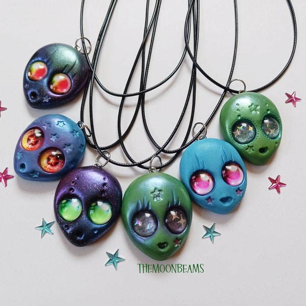 Retro alien pendant necklace-Hand sculpted kawaii alien face charm-retro space spooky jewelry-spooky cute alien necklace ufo art to wear