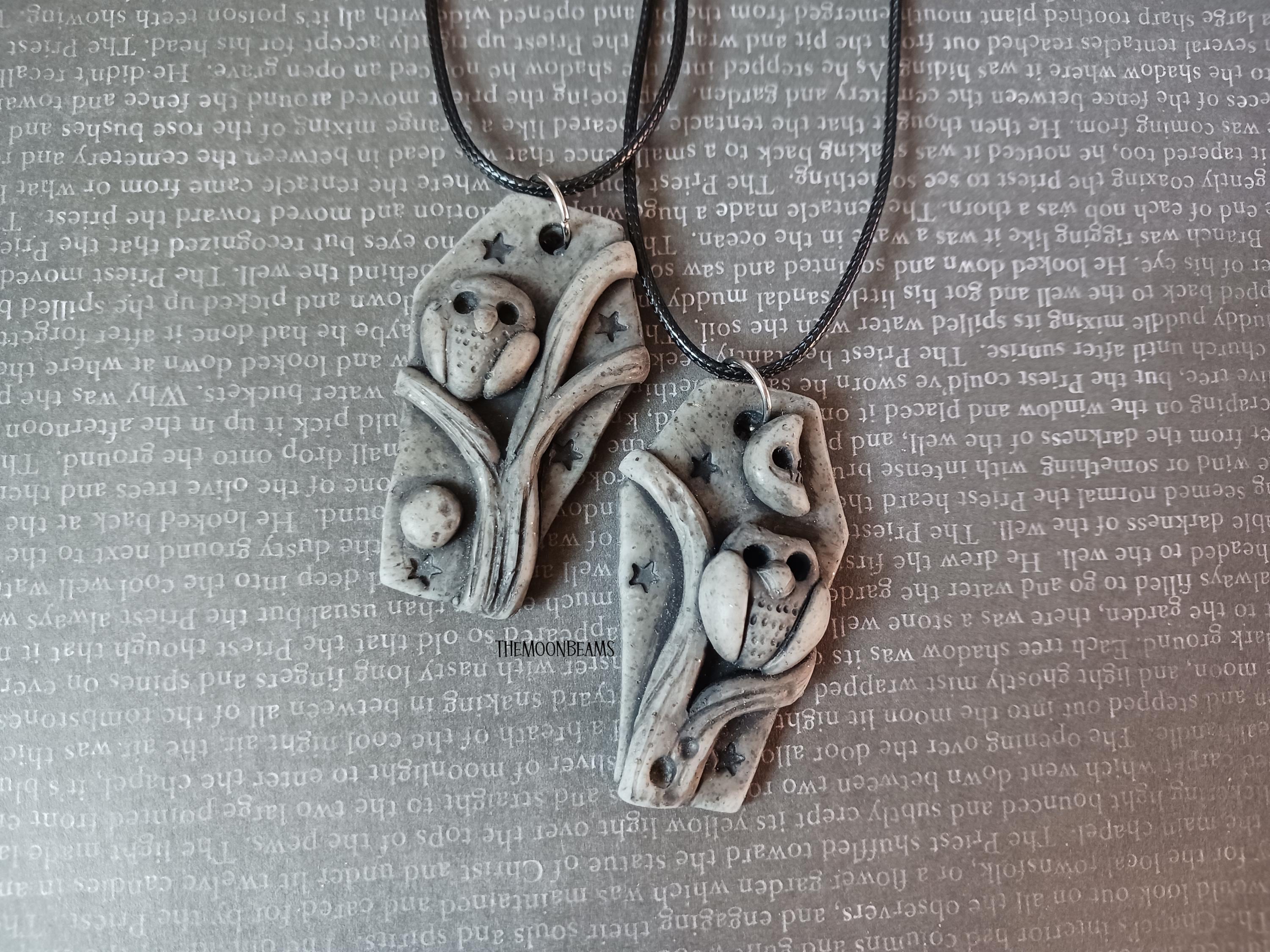 Owl and tree Coffin shaped pendant necklace spooky cute clay owl  jewelry bird lovers gift pendants 