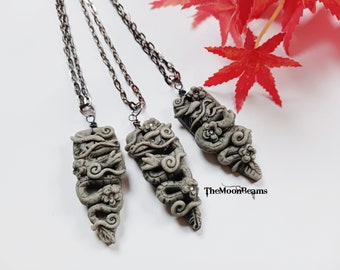 Gray Dragon pendant necklace-hand sculpted polymer clay jewelry-dragon lovers art-year of the dragon jewelry-tattoo jewelry