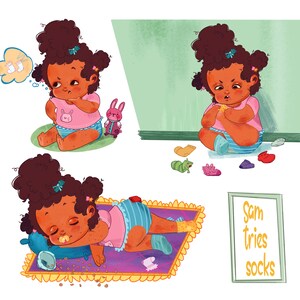 May include: A young girl with brown skin and curly brown hair is trying to put on socks. She is sitting on the floor with a pile of socks around her. The text "Sam tries socks" is written on a sign in the background.