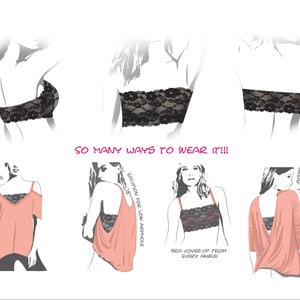 Peut inclure: Illustration montrant différentes façons de porter un bandeau de soutien-gorge en dentelle noire. Le soutien-gorge est présenté porté sous une variété de hauts, y compris un haut à col en V profond, un haut décolleté et un haut à dos ouvert. Le texte "SO MANY WAYS TO WEAR IT!!!" est écrit en rose.