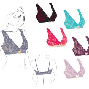 以下が含まれることがあります： 黒、青、赤、紫、ピンクなど、さまざまな色のレースのランジェリートップ6点セット。各トップは繊細なレースのデザインと中央にリボンがあしらわれています。