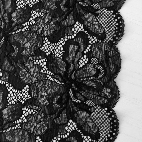 Lace Band 8 3/8 Wide Lacy Elegance Stretch Lace , Galloon Double Edge Lace  Band, Color Black 