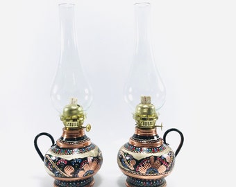 Large Oil Lamp, Glass Oil Lamp, Etched Copper Oil Lamp, Turkish Oil Lamp, Kerosene Lamp, Hurricane Lamp, Wick lamp, Farmhouse Decor