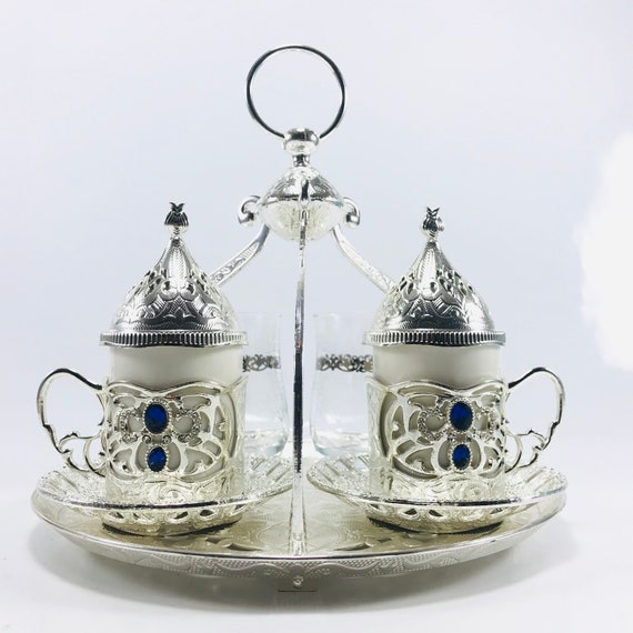 Turkish Luxury 7 Piece Coffee Cup Set with Tiered Tray | 151-K-11 Ottoman Style Engraved - Silver