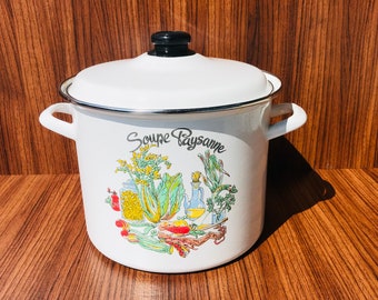 Stary francuski garnek emaliowany z pokrywką, kwiatowy wzór zupy