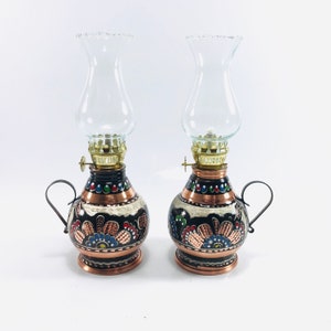 Small Oil Lamp, Glass Oil Lamp, Etched Copper Oil Lamp, Turkish Oil Lamp Set, Kerosene Lamp, Copper Hurrican Lamp, Farmhouse Decor