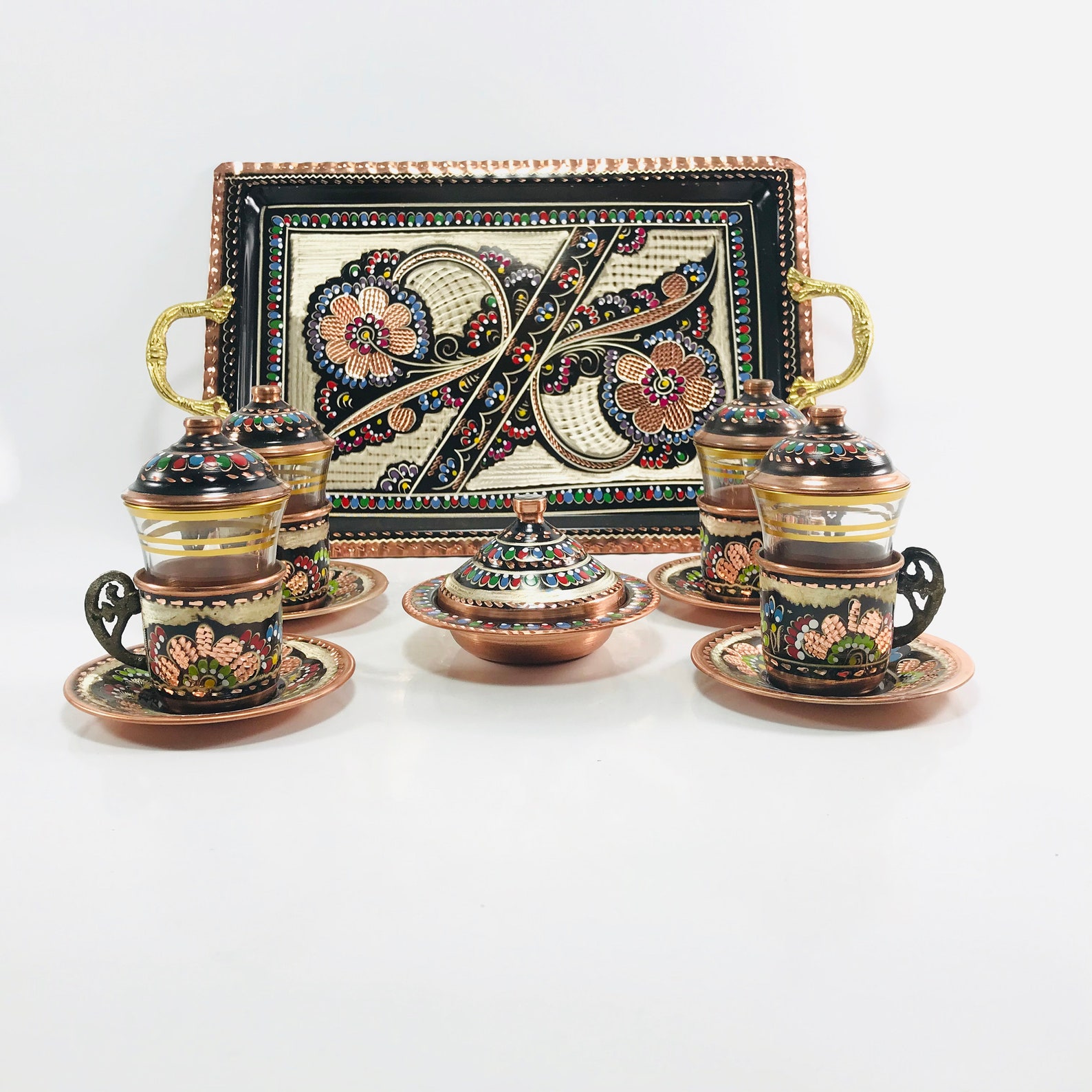 Turkish Tea Set Copper Tea Set Set of 4 Cup Copper Serving Etsy