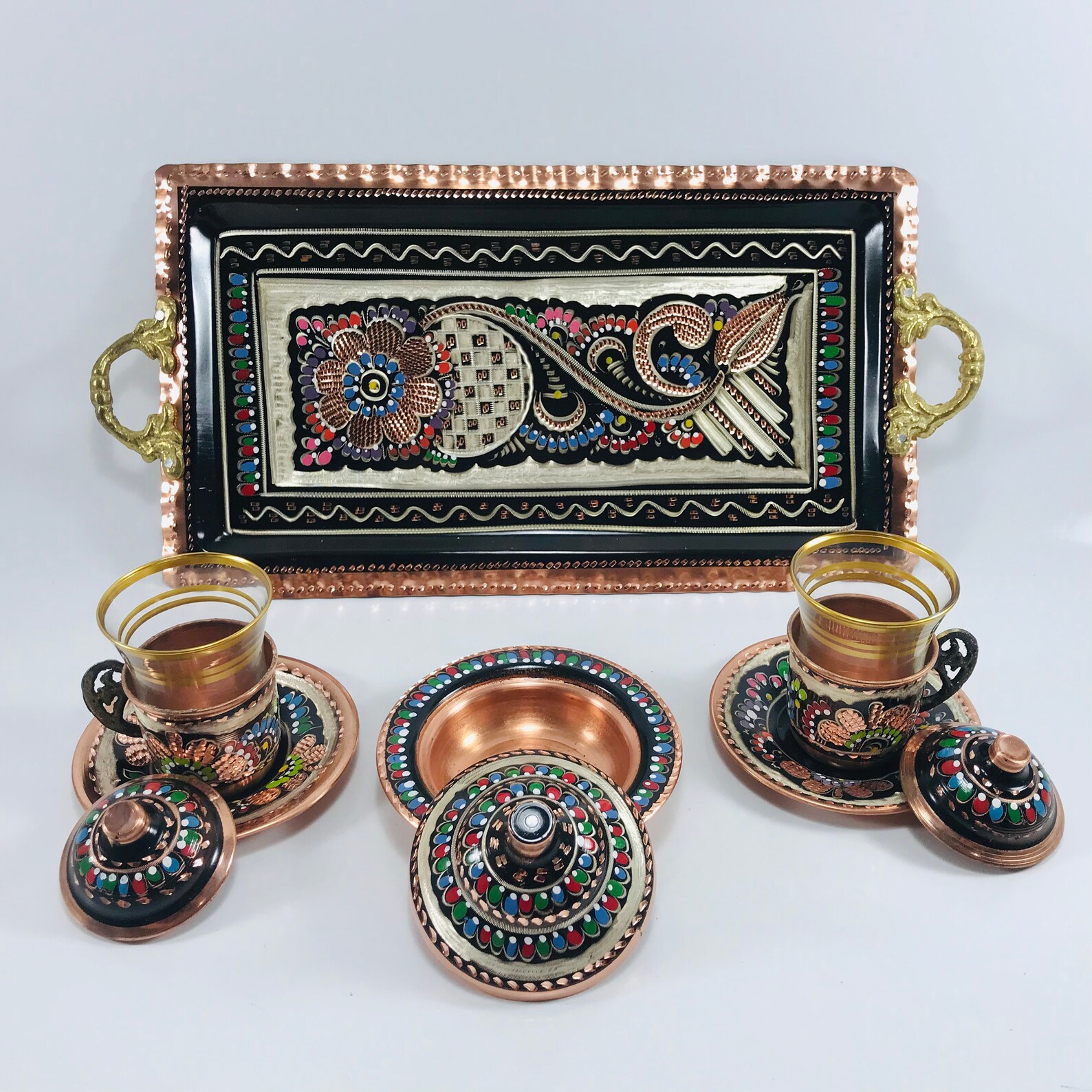 Turkish Tea Set Copper Tea Set Set of 2 Cup Copper Serving Etsy