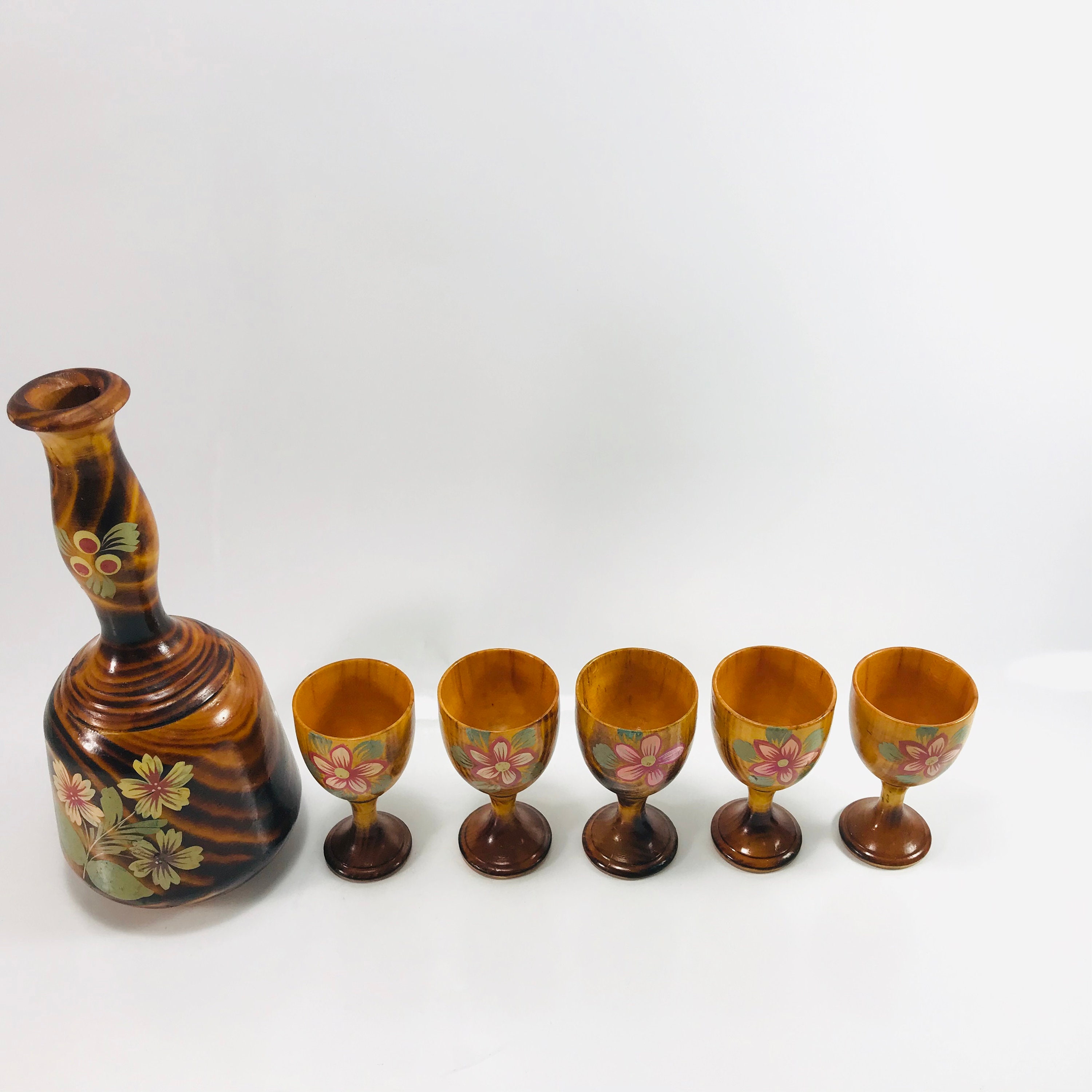 Vintage Goblet Set Wood Goblet Set Carafe and Wine Cups Etsy