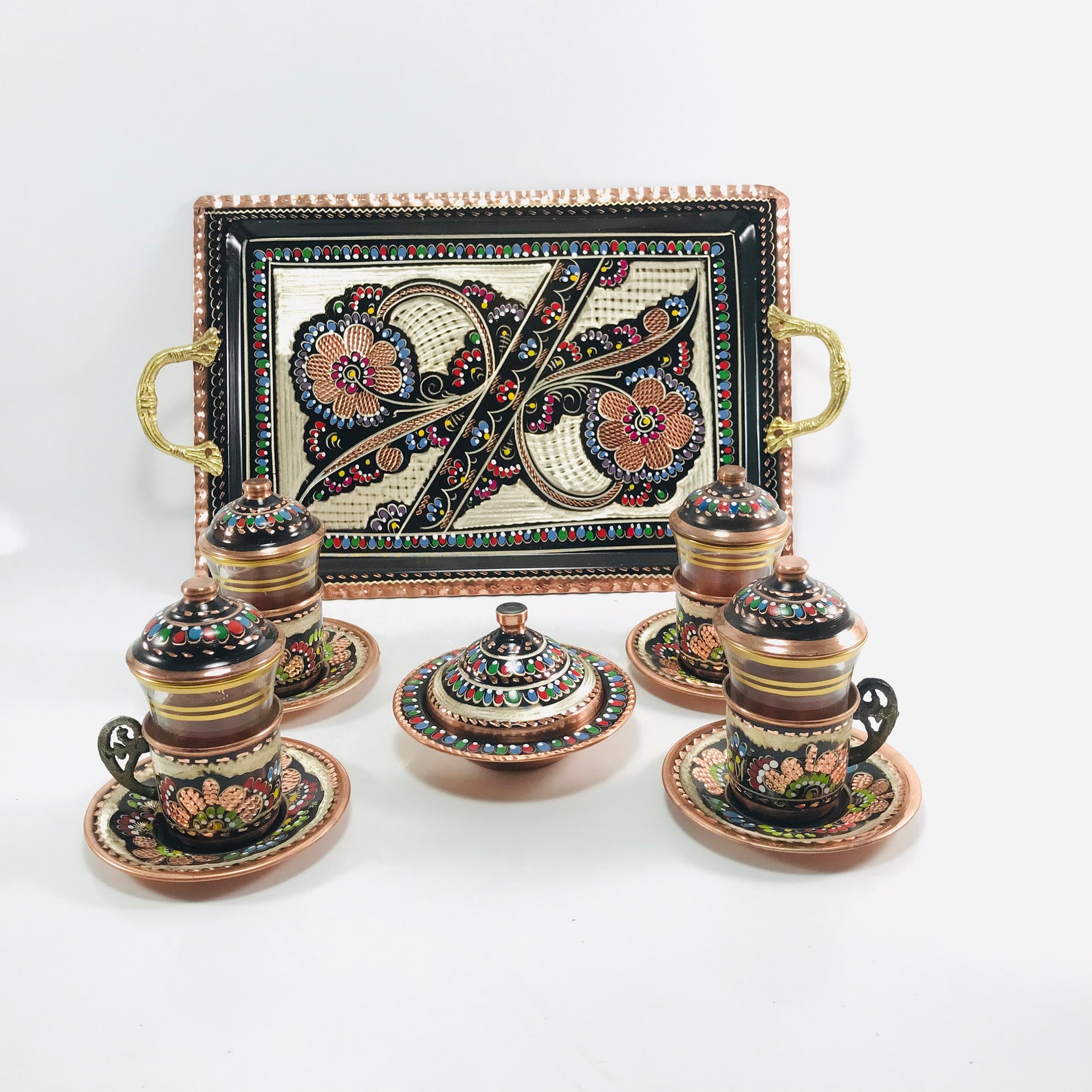 Turkish Tea Set Copper Tea Set Set of 4 Cup Copper Serving Etsy
