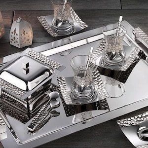Turkish Tea Set, Tea Set With Tray, Glass Tea Cups, Luxury Tea Set, Tea Service Set, Large Serving Tray, Tea Lover Gift, Housewarming Gift
