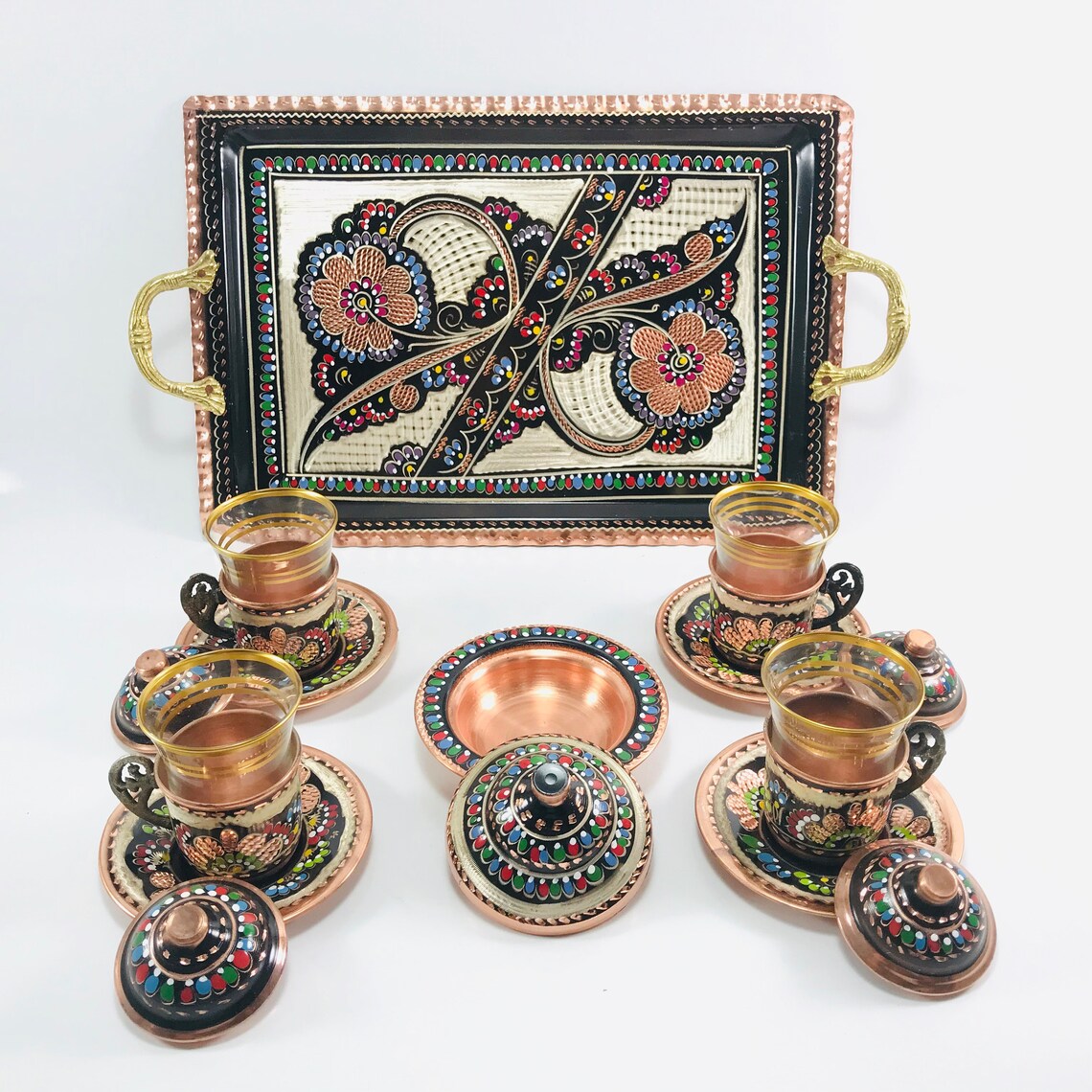 Turkish Tea Set Copper Tea Set Set of 4 Cup Copper Serving Etsy