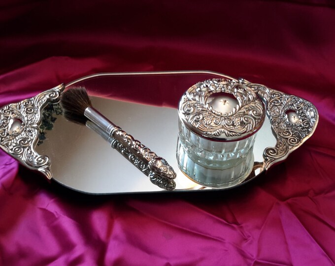 Vintage Mirrored Sterling Silver Vanity Tray Set. Excellent Etsy