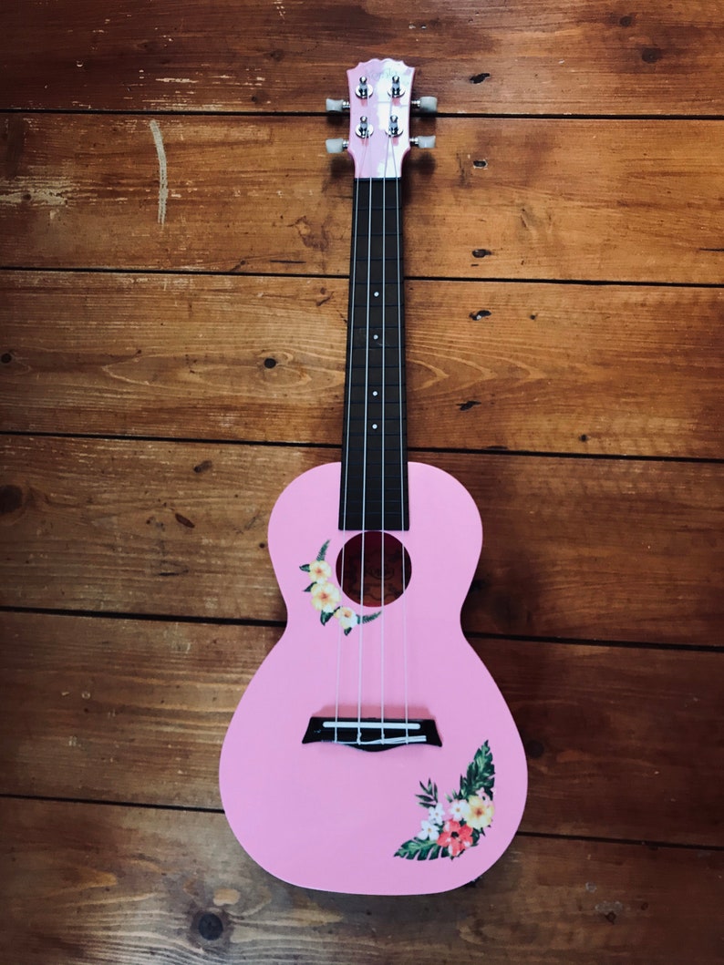 Ukulele Sticker Hibiscus Flower Cluster on Vintage Green Ferns Etsy