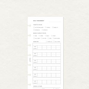 印刷されたハーフレタースリムデイリームーブメントワークアウトエクササイズプランナーインサート | ディスクバウンドシステム（Circa Junior、Arc Junior、Tul Junior）に適合