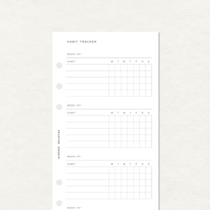 May include: A white habit tracker printable with the text "HABIT TRACKER" at the top. The tracker includes sections for the week of, habit, and days of the week, labeled M, T, W, T, F, S, S. The text "PRISTINE PAPERIE" is printed vertically on the left side.