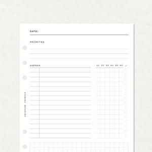May include: A white planner insert page with black text and lines. It features sections for DATE, PRIORITIES, and AGENDA with a time-tracking grid labeled 10 through 60, a column of checkboxes, a grid section at the bottom, and PRISTINE PAPERIE text.